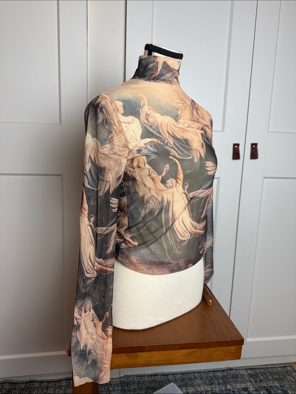 NWT mesh long sleeve turtle neck renaissance angel print Y2K top sheer small